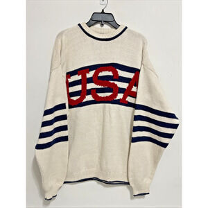 Vintage 1990s Liberty Knits Sweater Mens M USA Ivory Crewneck Blue Stripe